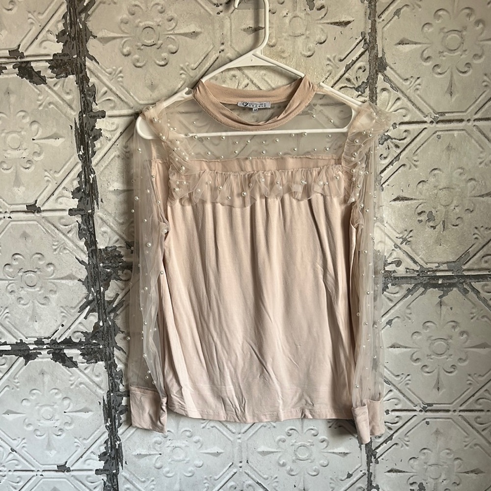 Elegant pearl Sheer Sleeve Top in Cream